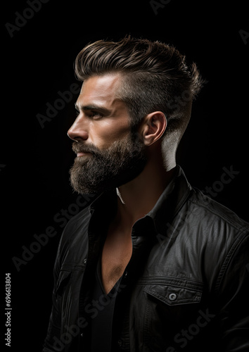 handsome brutal man with a beard, profile photo, studio portrait, barbershop, fashion, haircut, barbershop, biker, courageous, person, people, personal care, black background