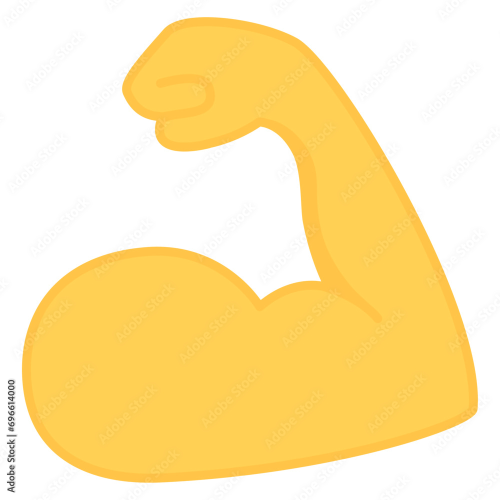 Biceps  emoticon of strength. Yellow emoji of strong bicep. Power of protein for man icon. Flex muscle arm. Exercise in gym for health. Logo of fitness, workout, bodybuilder. Strong muscular arms. Fit - obrazy, fototapety, plakaty 