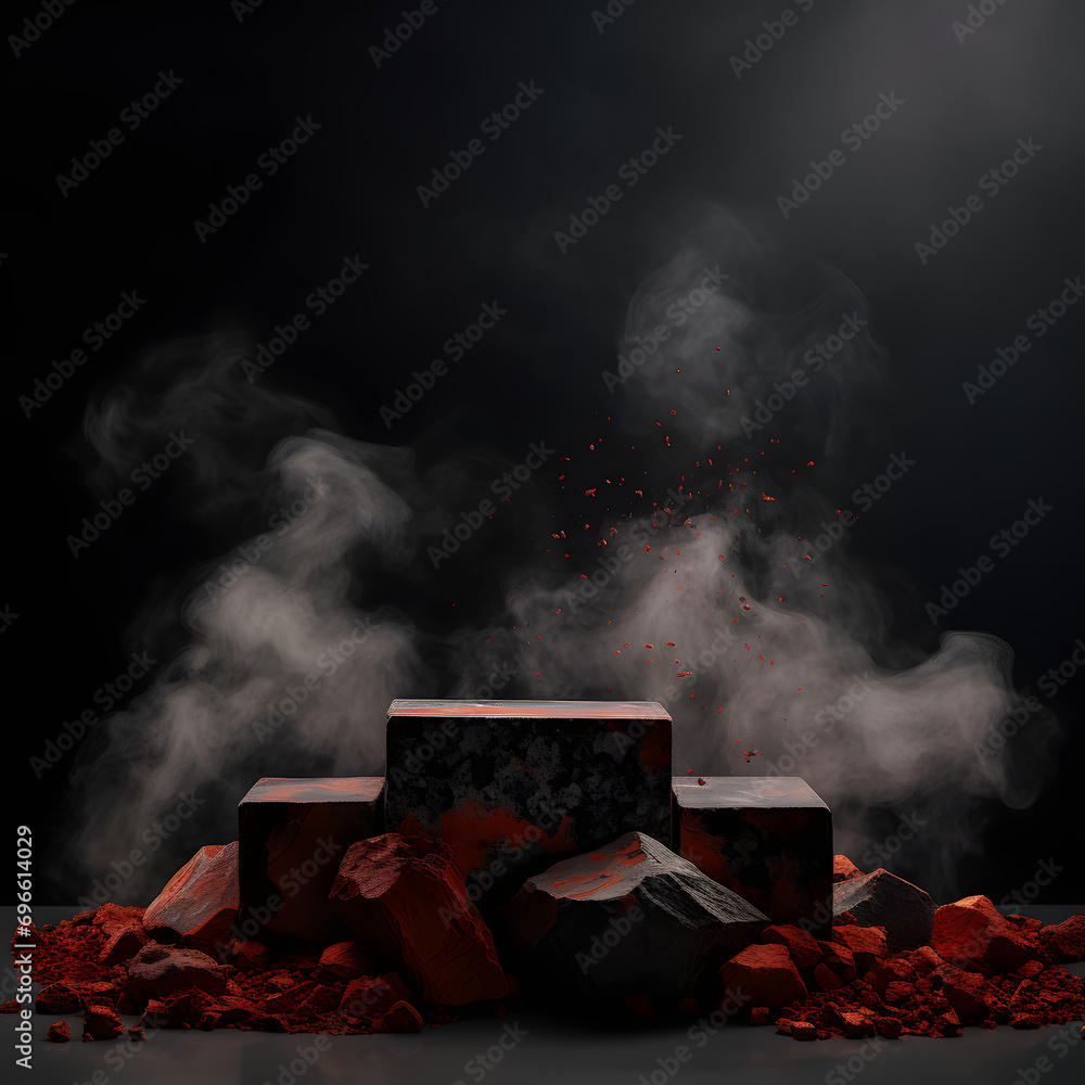 products feature a geometric stone platform on a black background with smoke and lava effect. mockup
