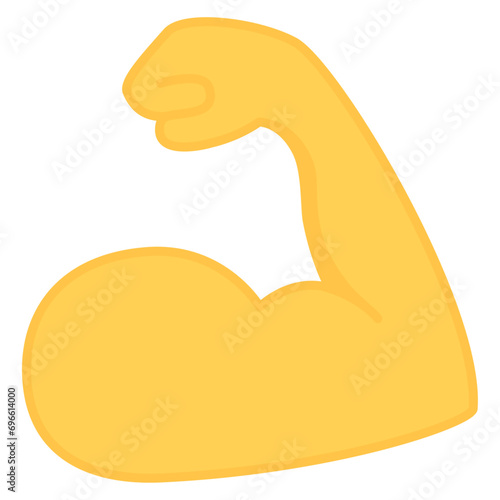Biceps emoticon of strength. Yellow emoji of strong bicep. Power of protein for man icon. Flex muscle arm. Exercise in gym for health. Logo of fitness, workout, bodybuilder. Strong muscular arms. Fit