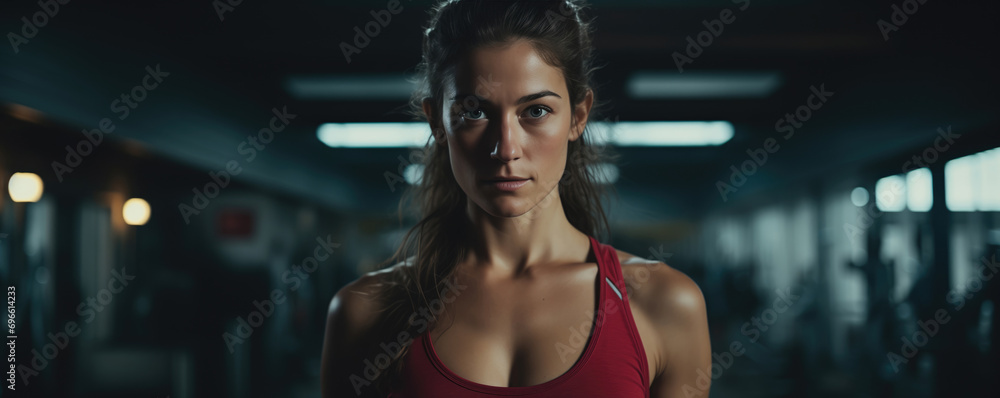 Woman portrait in gym. Young woman's portrait in a gym. Blurred background. Mugshot.