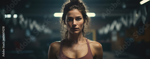 Woman portrait in gym. Young woman's portrait in a gym. Blurred background. Mugshot. © Noize