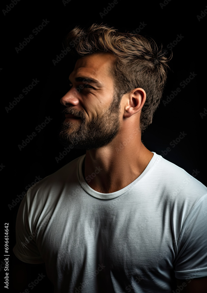 stylish young guy with a neat short beard in a white T-shirt in profile on a black background, beautiful studio light, barbershop, fashion, haircut, hairdresser, biker, courageous man, person