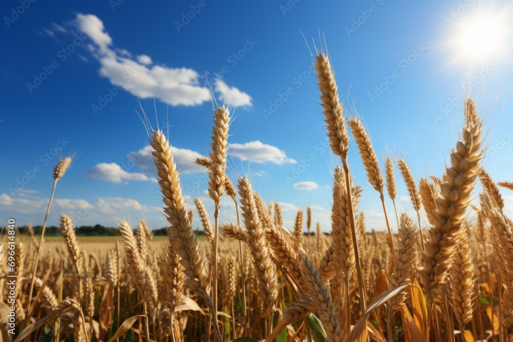 Fototapeta premium Radiant golden wheat field on a sunny summer day, ideal farm background for product placement