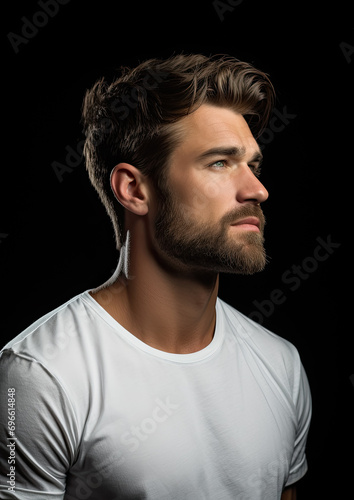 stylish young guy with a neat short beard in a white T-shirt in profile on a black background, beautiful studio light, barbershop, fashion, haircut, hairdresser, biker, courageous man, person