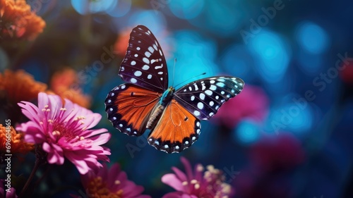 Vibrant butterfly perched on pink flowers © Artyom