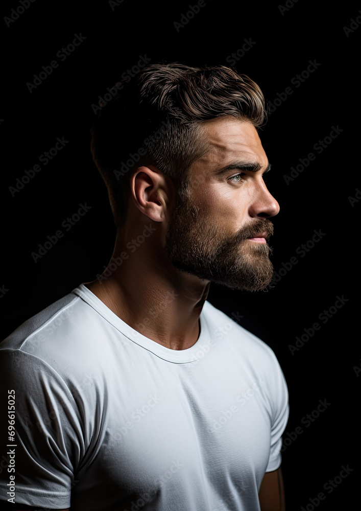 stylish young guy with a neat short beard in a white T-shirt in profile on a black background, beautiful studio light, barbershop, fashion, haircut, hairdresser, biker, courageous man, person stylish young guy with a neat short beard in a white T-shirt in profile on a black background, beautiful studio light, barbershop, fashion, haircut, hairdresser, biker, courageous man, person