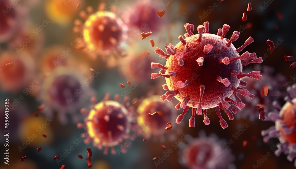 Flu covid 19 virus cell with a backdrop of coronavirus covid 19 outbreak and influenza pandemic Flu covid 19 virus cell with a backdrop of coronavirus covid 19 outbreak and influenza pandemic