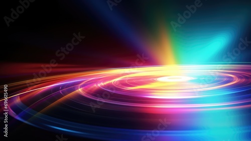 Neon light trails forming circular patterns on a dark background