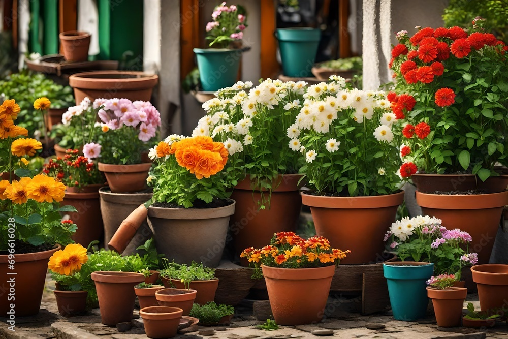 Flowers in pots in the garden.-