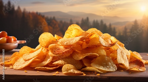 Tasty potato chips on blurred defocused background with ample copy space for creative text placement photo