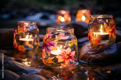 Colorful chinese lantern floating on river, blending with natures captivating beauty.