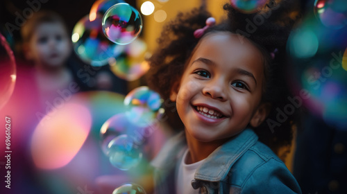 soap bubble show at a children's birthday party, happy child, kid, portrait, emotional face, holiday, play a game, disco, childhood, fun, park, boy, girl, smile, blurred background