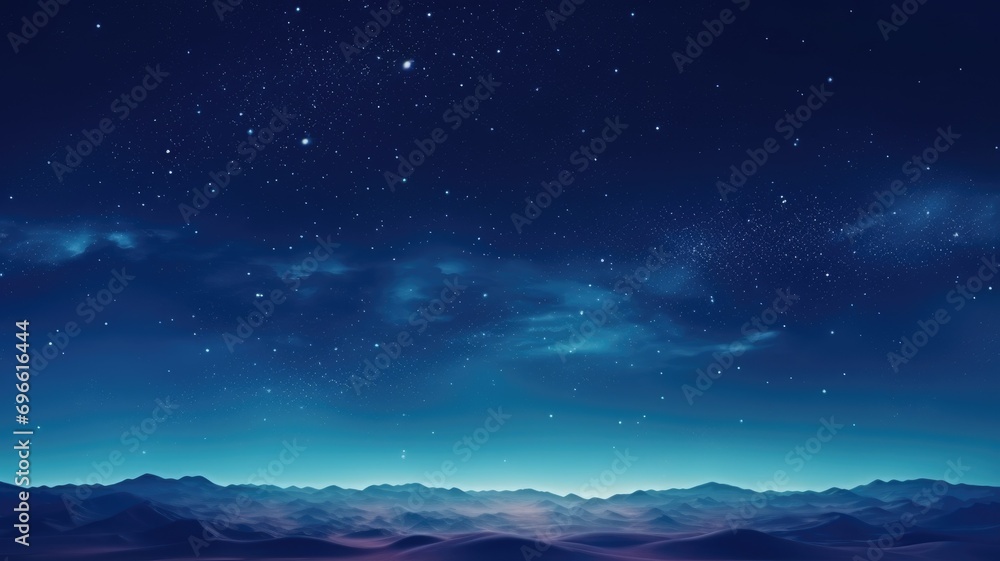 Starry night sky over a tranquil desert mountain landscape