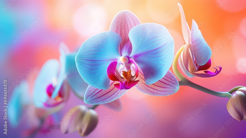 Vibrant blue orchids against a colorful background