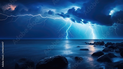Spectacular lightning storm over the ocean at night