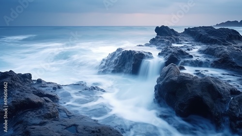 Misty seascape with smooth water around rugged rocks