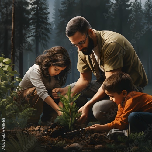 Family planting trees in forest
