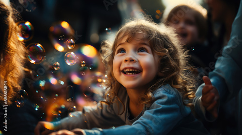 soap bubble show at a children's birthday party, happy child, kid, portrait, emotional face, holiday, play a game, disco, childhood, fun, park, boy, girl, smile, blurred background
