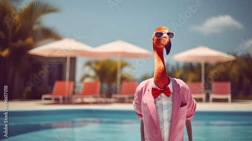 A flamingo in a pink shirt at the pool. Abstract animal concept. The bird stands and poses like a man. Summer composition.