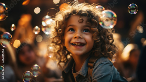 soap bubble show at a children's birthday party, happy child, kid, portrait, emotional face, holiday, play a game, disco, childhood, fun, park, boy, girl, smile, blurred background #696617094