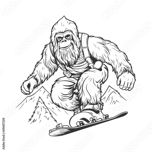 Bigfoot Snowboard Illustration Clip Art Design Shape. Snowboarding Silhouette Icon Vector.