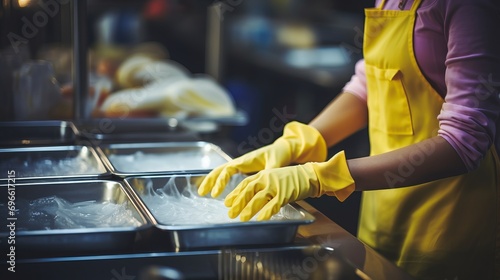 Close up of white tableware  girl washing dishes in bright industrial kitchen with yellow gloves