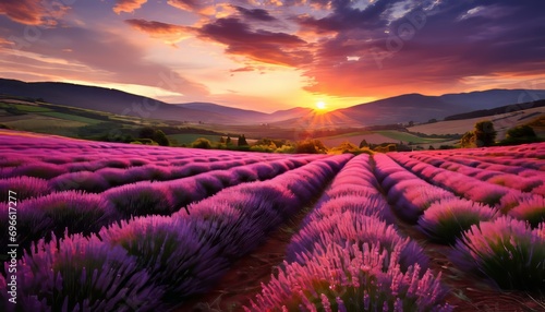 Breathtaking panoramic view of a stunning lavender field at sunset in a picturesque landscape
