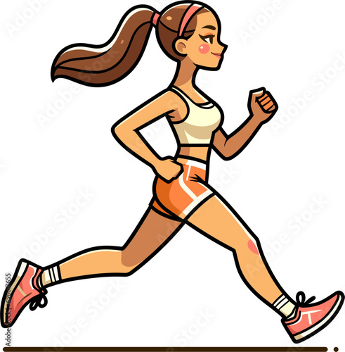 Beautiful girl with ponytails jogging, vector image