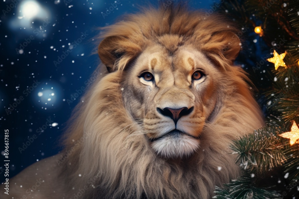 Very beautiful lion close-up, Christmas, snow, moon stars, garland, Christmas tree with generative ai