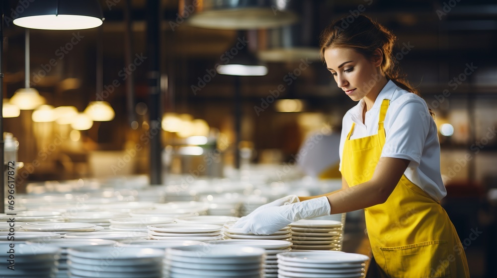 Close up of white tableware  girl washing dishes with yellow gloves in bright industrial kitchen - obrazy, fototapety, plakaty 