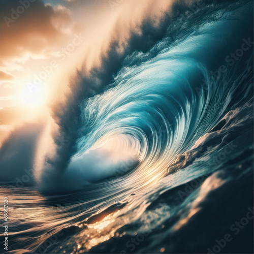 stunning tube or barrell wave in the ocean at sunset or sunrise