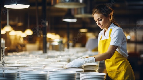 Close up of white tableware girl washing dishes with yellow gloves in bright industrial kitchen