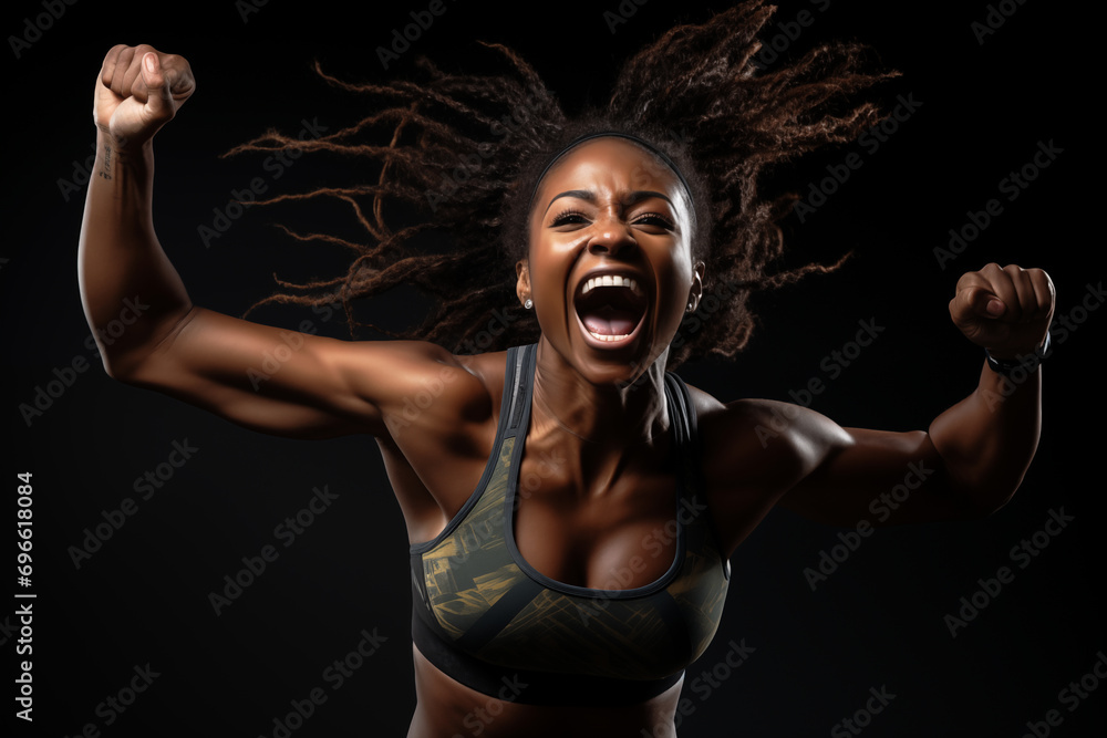 Obraz premium Pretty dark-skinned athletic young woman cheers while doing sports