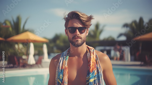 A handsome guy enjoying on the edge of the pool during a warm summer day.  Vacation summer concept. photo