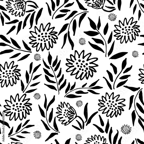 Seamless pattern modern abstract flowers and leaves chamomiles. Hand drawn vector botanical background. Black ink illustration with floral motif.