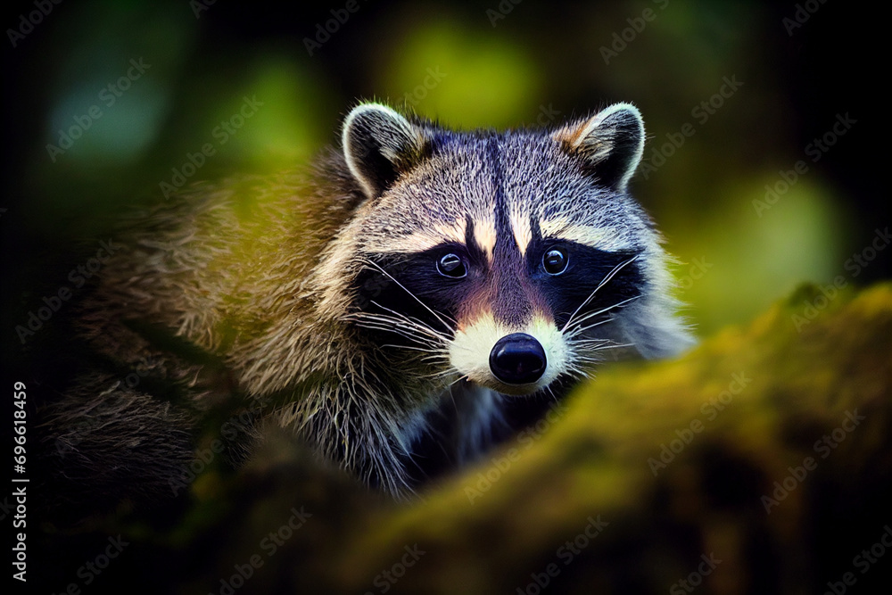 Cute raccoon in the green forest, wild animal in natural environment Cute raccoon in the green forest, wild animal in natural environment