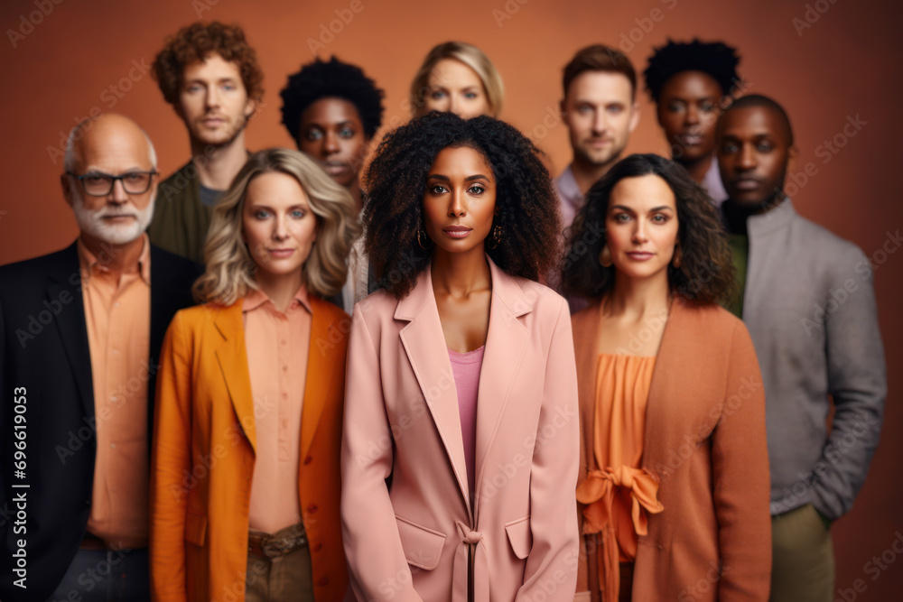 Group of diverse people against a peach-colored backdrop, symbolizing unity in diversity. Generative Ai. Group of diverse people against a peach-colored backdrop, symbolizing unity in diversity. Generative Ai.
