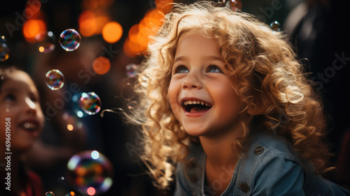 soap bubble show at a children's birthday party, happy child, kid, portrait, emotional face, holiday, play a game, disco, childhood, fun, park, boy, girl, smile, blurred background © Julia Zarubina