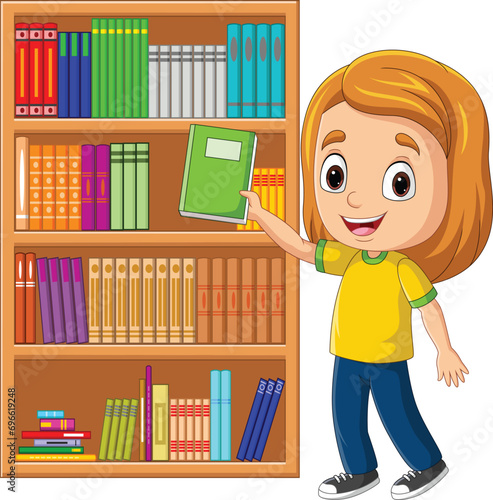 Cartoon little girl putting books back on shelves 