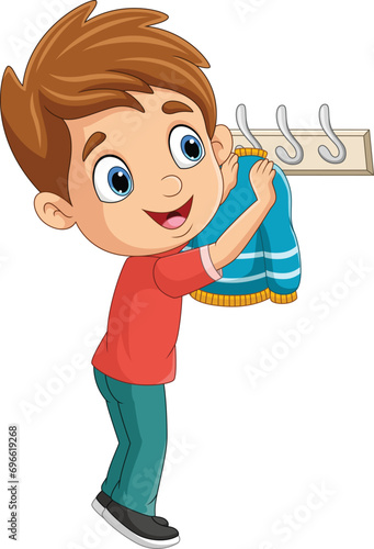 Cartoon little boy hanging clothes
