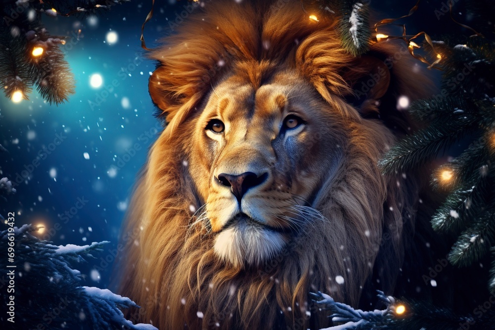 Very beautiful lion close-up, Christmas, snow, moon stars, garland, Christmas tree with generative ai