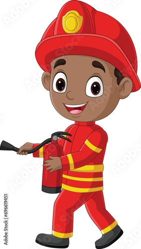 Cartoon firefighter boy holding fire extinguisher