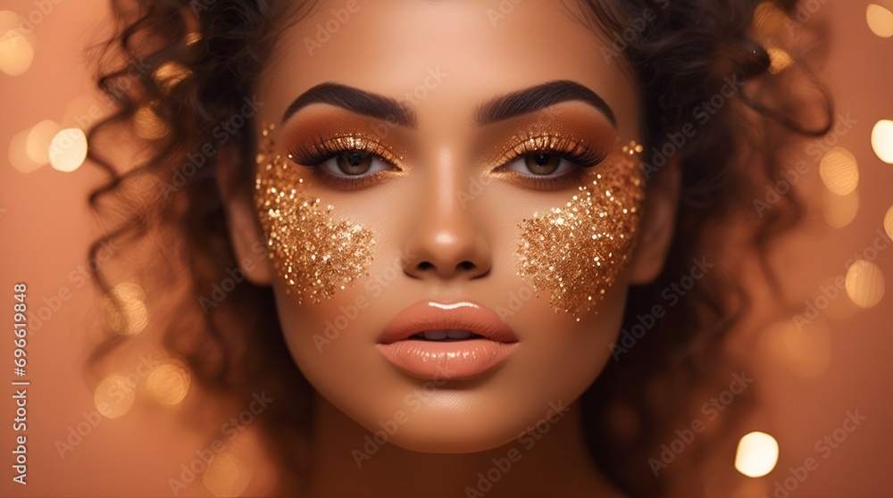 Gold glitter makeup, dazzlingly vibrant and irresistibly shimmering against a deep, sparkling peach background