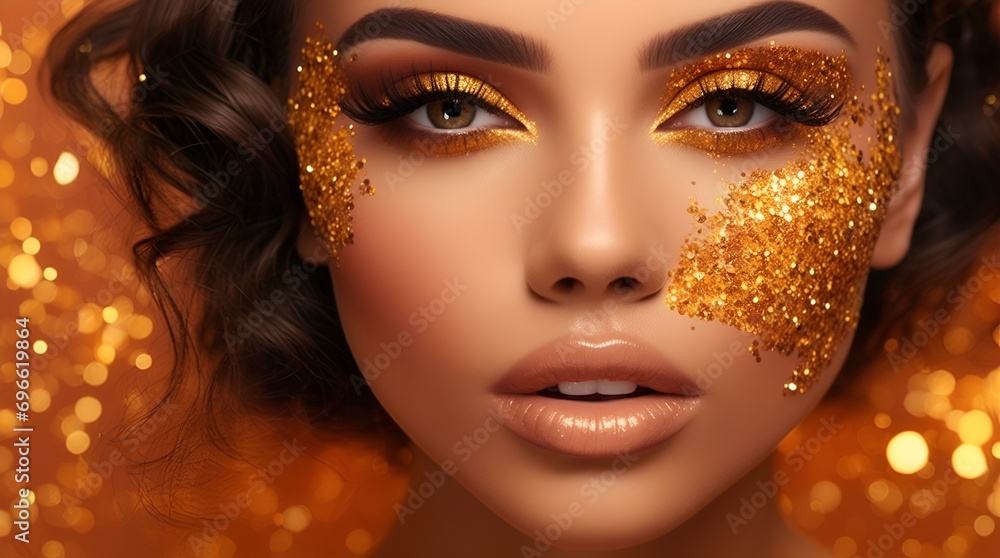 Gold glitter makeup, dazzlingly vibrant and irresistibly shimmering against a deep, sparkling peach background Gold glitter makeup, dazzlingly vibrant and irresistibly shimmering against a deep, sparkling peach background