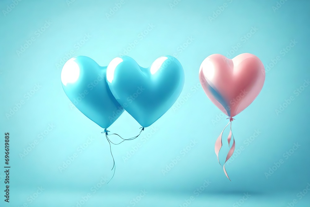 Two beautiful balloons merge into a heart shape on a light blue background. Love concept. AI generated.