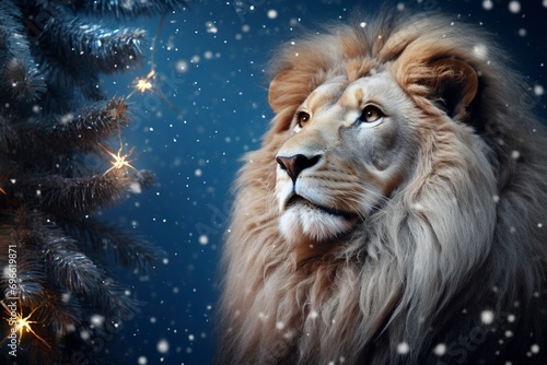 Very beautiful lion close-up  Christmas  snow  moon stars  garland  Christmas tree with generative ai