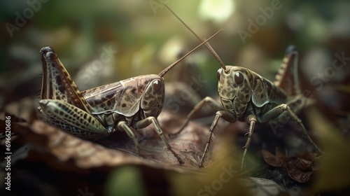 a pair of grasshoppers in the wild forest