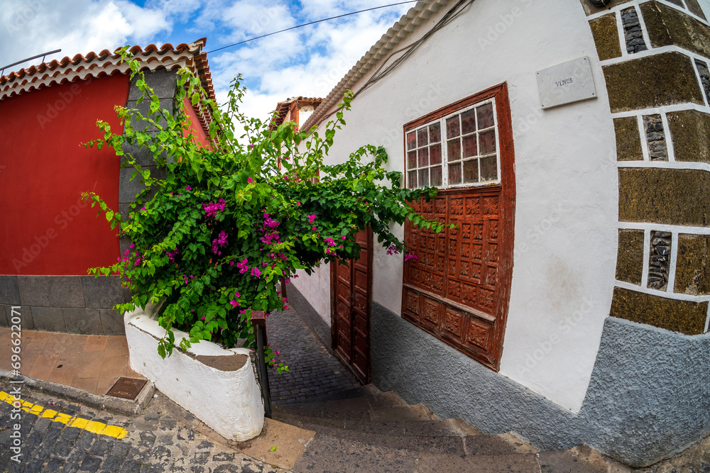 Beautiful old streets of the ancient town of Garachico, on the northern coast of Tenerife. Canary islands. Spain. Fisheye lens.