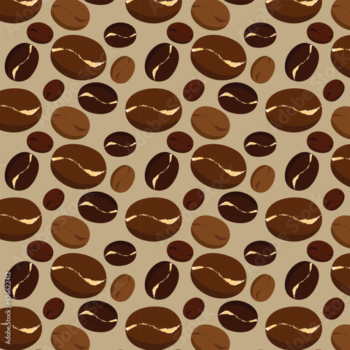 Pattern of falling roasted coffee beans on a cream background. Endless vector illustration for a restaurant or cafe.